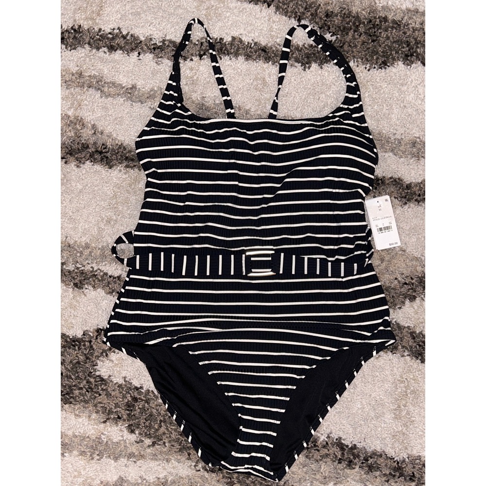 Lands' End Striped One Piece Swimsuit Criss Cross Back Belt Black White NWT XL